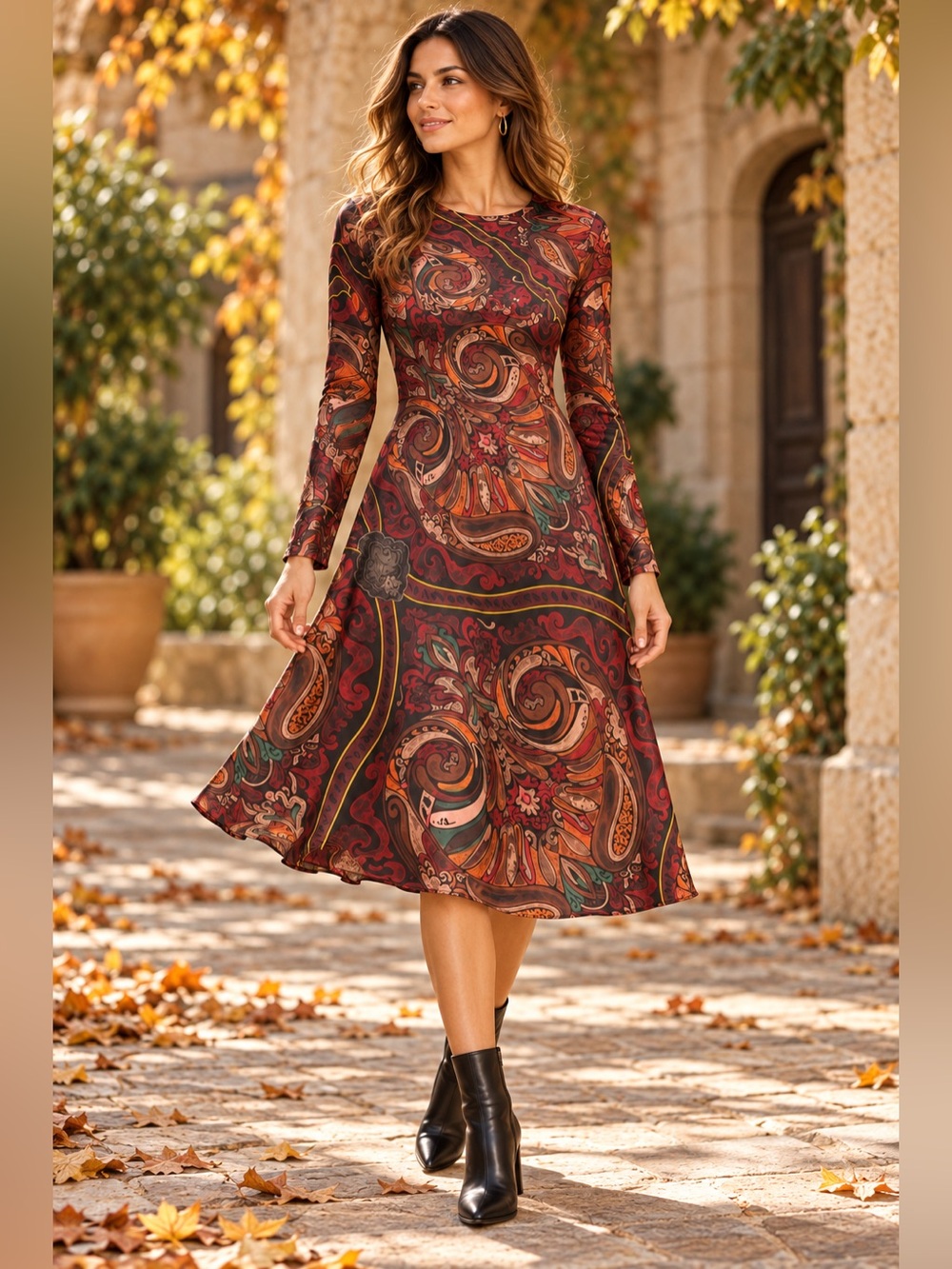 Zara Women’s L Paisley Baroque Print Long Sleeve Fit & Flare Dress